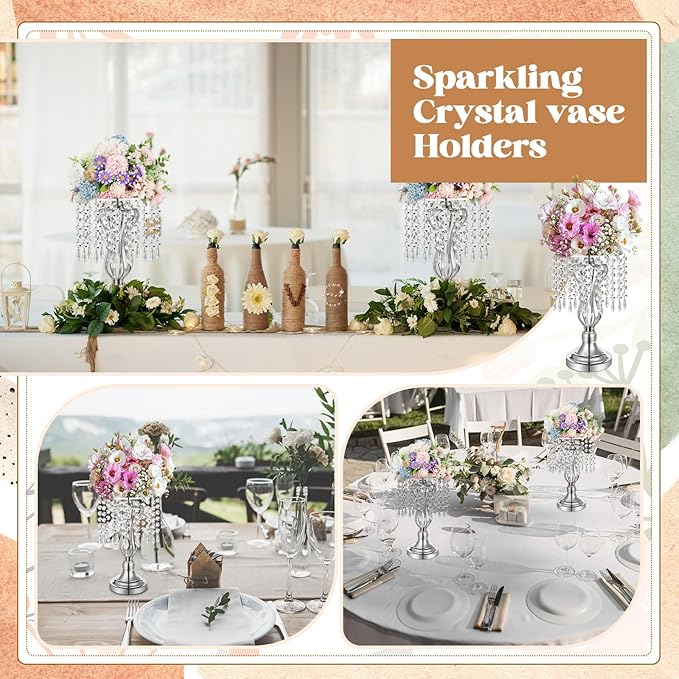 16 Pcs Wedding Centerpieces for Tables, Gold Silver Vase Centerpiece with Chandelier Crystal Metal Flower Stand, Tall Flower Vases for Wedding Party Home Decoration(Silver,12.6)