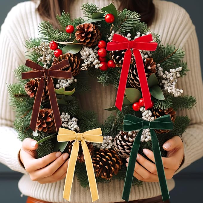 Chuangdi 80 Yards Christmas Velvet Ribbon, 4 Rolls 5/8" Vintage Thin Ribbon for Xmas Gift Wrapping Christmas Tree Wreath Ornaments DIY Crafts Decoration, Deep Red Green Brown Khaki