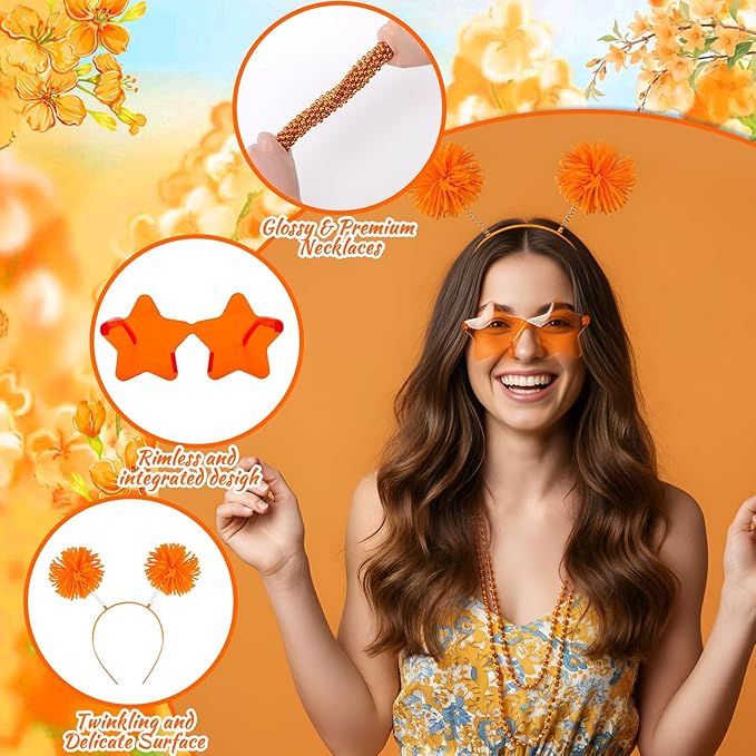 50 Pcs Orange Holiday Team Spirit Party Accessories Pom Pom Party Headbands Star Shape Sunglasses Bead Necklaces Stuff Favors for Birthday Wedding Supplies(Classic)