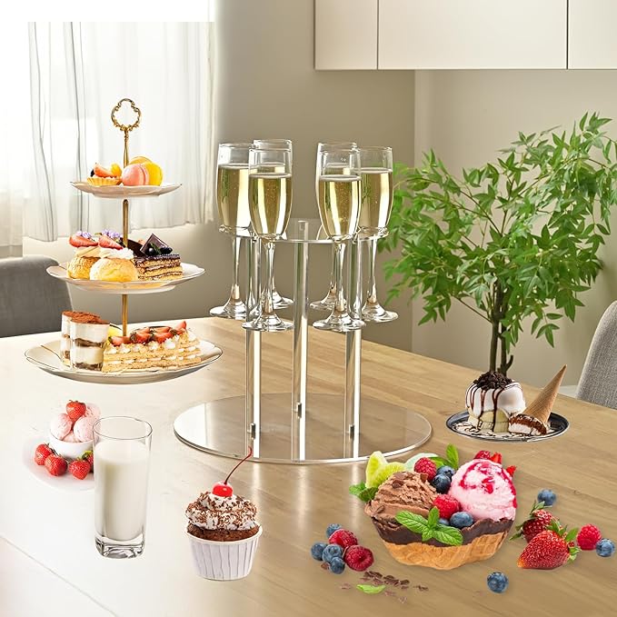 Champagne Tower, Circle Acrylic Drink Tower and Cocktail Tree Stand, Wine Rack with 12 Slots, 2 Tiers Floating Sight Champagne Flute Holder for Party, Wedding, School, Celebration, 11.8x11.8x14.9 inch
