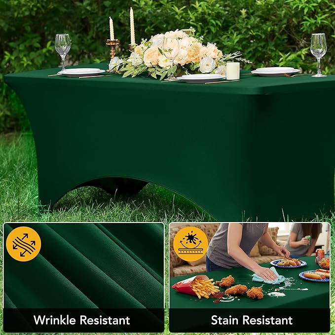 8-Pack Premium Hunter Green Spandex Tablecloths for 6ft Rectangle Tables, Stain & Wrinkle-Resistant, Washable Stretch Polyester Fitted Table Cover for Weddings, Banquets, Trade Shows Events