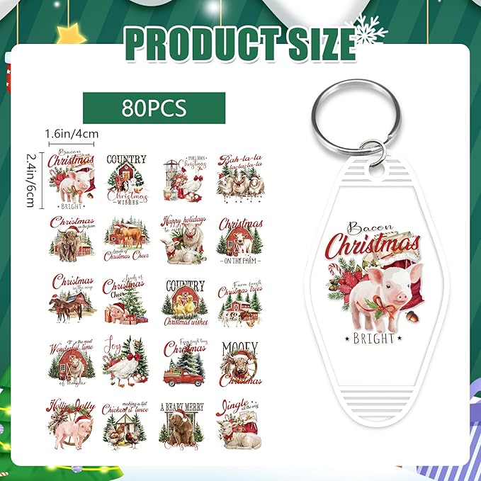 Christmas UV DTF Stickers - 80 Pcs Christmas Farm Animals Uvdtf Decals for Motel Keychain Xmas Highland Cow Horse UV DTF Wraps Sticker Waterproof Hotel Keychain Transfers Stickers