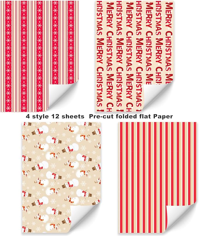 PlandRichW Christmas Wrapping Paper 12 Sheets Folded 20 x 29 Inches for Kids Adults, 4 Gift Wrap Designs Including Merry Christmas, Snowflakes, Snowmen, Red Stripes