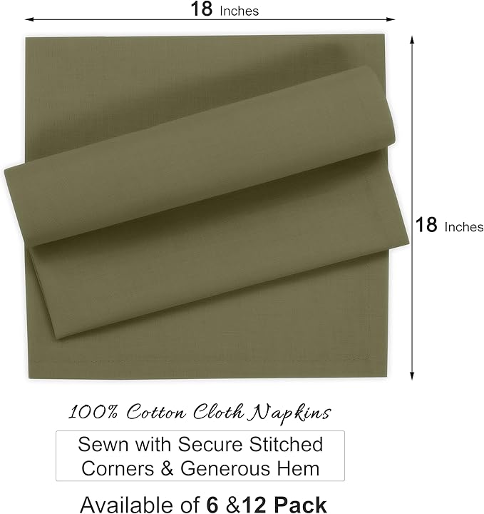Ruvanti Premium Cloth Napkins Set of 6, 18x18 Inches, 100% Cotton, Washable, Soft & Absorbent, Perfect for Wedding, Christmas, ‎Thanksgiving Dinners - Capulet Olive