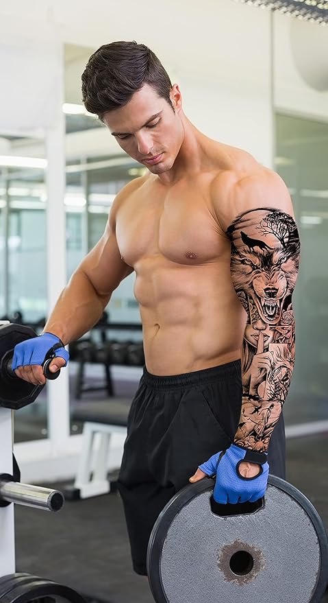 Aresvns Sleeve Tattoo Temporary, 12Pcs Halloween Full Arm Fake Tattoos for Adults, Large Totem Wolf Military Tempoary Tattoos for BBQ Pool Beach Party