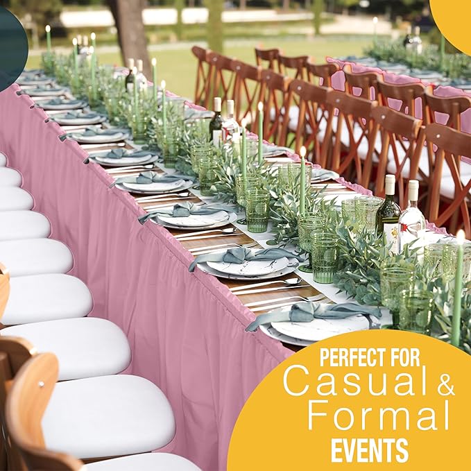Exquisite Ruffle Table Skirt Pink Pack Of 12, 14 Ft Long Table Skirts for Rectangle Tables 6ft Plus or Round Tables Skirts with Adhesive Strip for Gender Reveal Decor & Happy Birthday Parties