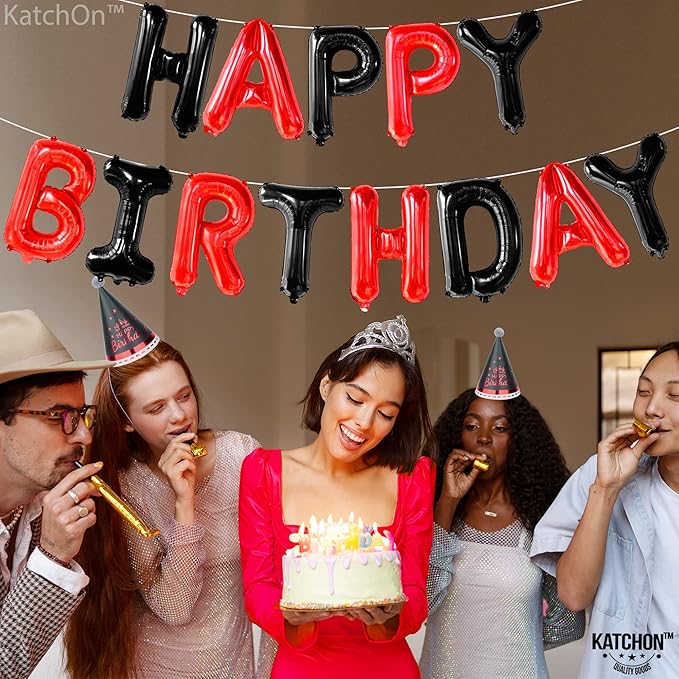 KatchOn, Black and Red Happy Birthday Banner Balloons - 16 Inch | Red and Black Birthday Decorations | Happy Birthday Balloons Letters | Halloween Birthday Party Decorations