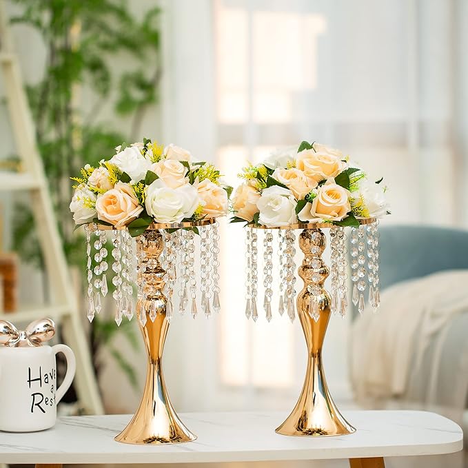 2 Pcs Gold Vases for Centerpieces, 13.8in Crystal Flower Arrangement Stand, Wedding Centerpieces for Tables, Tall Metal Flower Vase Holders for Wedding, Event, Reception, Birthday, Home Decor