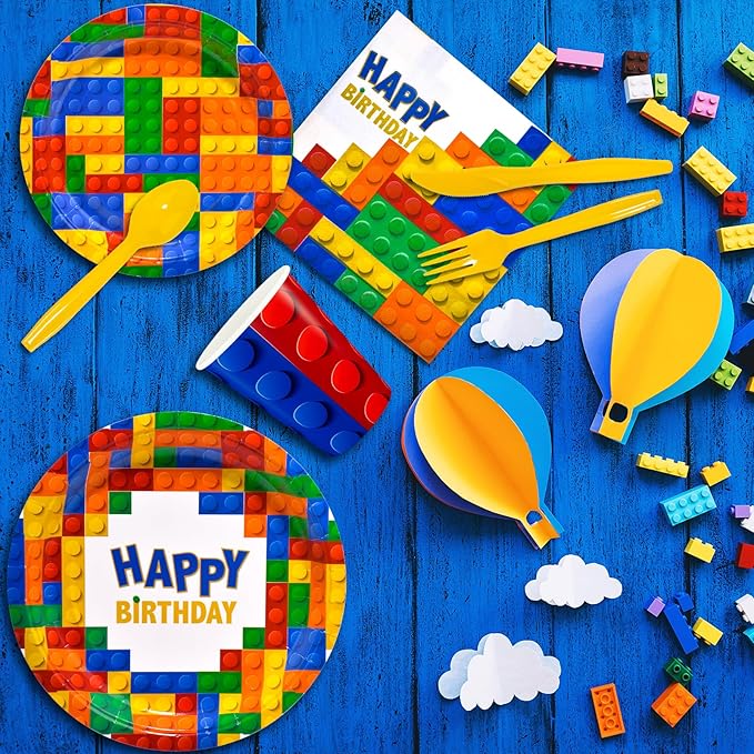 Dylives 180 Pcs Building Block Party Supplies - Birthday Party Decorations Kids Boys Disposable Tableware, Colorful Block Banner, 9" & 7" Plates Napkins Cups Cutlery, Serves 24