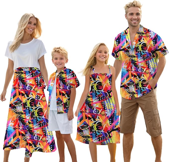 Cromoncent Matching Hawaiian Outfits for Family, Dad and Son Matching Luau Beach Tropical Shirts Mommy Daughter Tropical Sets