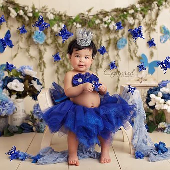 40 PCS Deep Blue Lively 3D Butterfly Cupcake Toppers Hollow Art Butterfly Cake Topper Decorations for Baby Shower Wedding Anniversary Kids Birthday Party Supplies Mixed Size