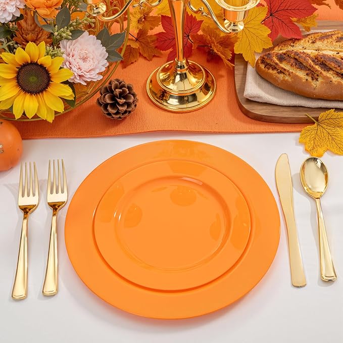 FLOWERCAT 60PCS Orange Plates - Heavy Duty Orange Plastic Plates Disposable for Halloween & Thanksgiving Party - Serve 30 Guests 10.25inch and 7.5inch