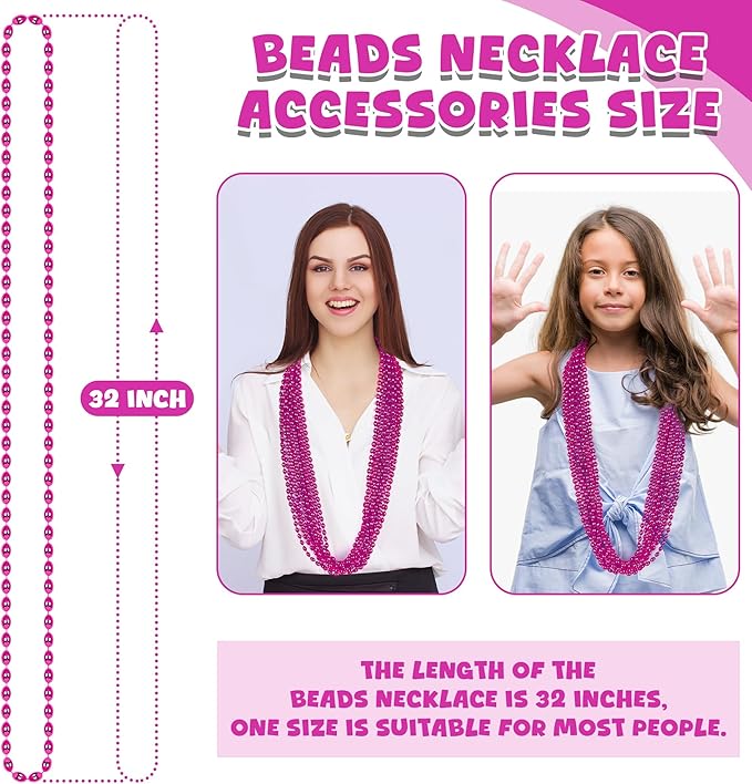 24PCS Breast Cancer Awareness Necklaces, Oval Breast Cancer Beaded Necklace Accessories, Metallic Hot Pink Mardi Gras Beads Necklaces for Gender Reveal Wedding Party Favors Decorations