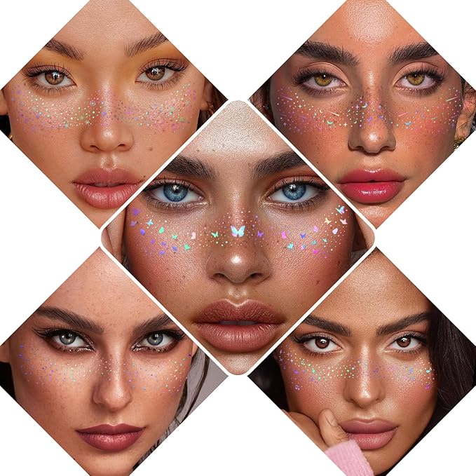 10 pcs Holographic Multichrome Glitter Freckles Face Tattoo, Waterproof Sparkle Face Glitter Speckles Patches for Women, Glitter Temporary Tattoo for Rave (10PCSA Holographic Multicolor)