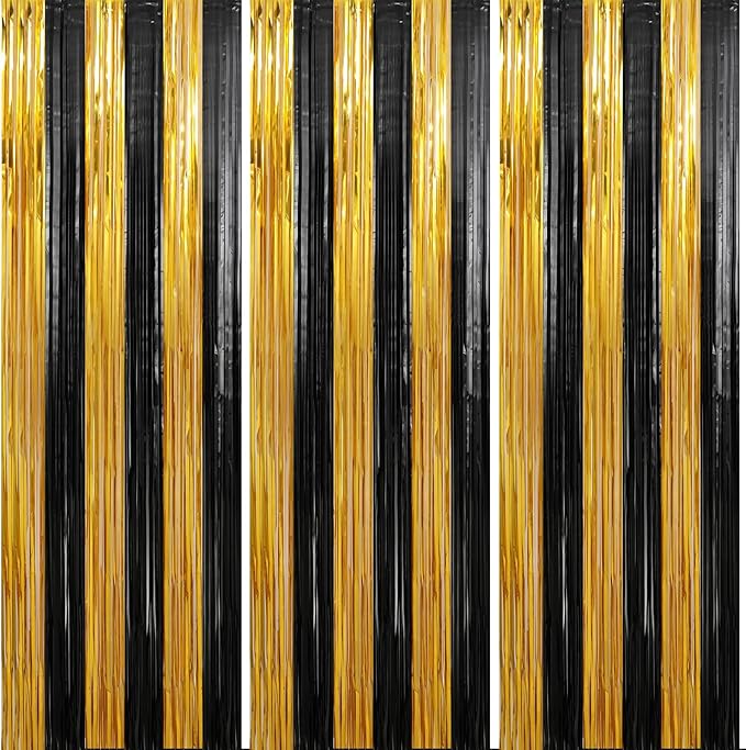 Crosize 3 Pack 3.3 x 9.9 ft Black & Gold Foil Fringe Curtains Party Decorations, Black & Gold Tinsel Curtain Backdrop for Parties, Door Streamers, Glitter Streamer Backdrop for Birthday Decoration