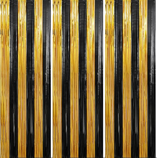 Crosize 3 Pack 3.3 x 9.9 ft Black & Gold Foil Fringe Curtains Party Decorations, Black & Gold Tinsel Curtain Backdrop for Parties, Door Streamers, Glitter Streamer Backdrop for Birthday Decoration