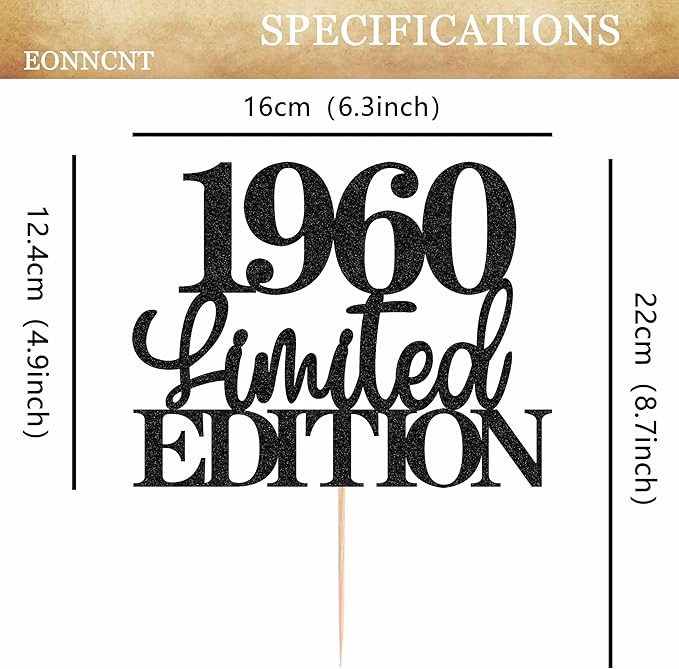 Limited EDITION 1960 Cake Topper - Black Glitter Happy 65th Birthday Party Cake Decoration Supplies, Cheer to 65 Years Cake Bunting Decor for 65th Birthday Party Photo Booth Props