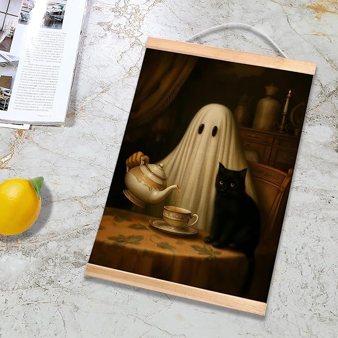 Rustic Ghost and Black Cat Wall Art 18.5x14 Inch,Fun Ghost Linen Canvas Wall Hanging Poster Decor, Retro Gothic Haunted House Theme Wall Poster for Library Reading Corner,Halloween Decorations (BLK04)