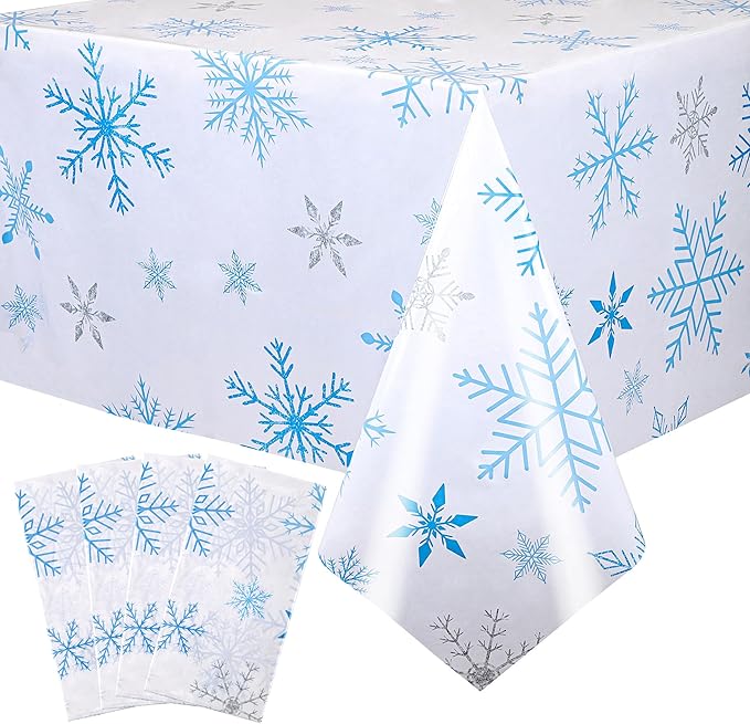 Mornajina 4 Pack 108 x 54 Inch Plastic Snowflake Tablecloths - Rectangle Disposable Xmas Tablecloths for Christmas Party Decoration