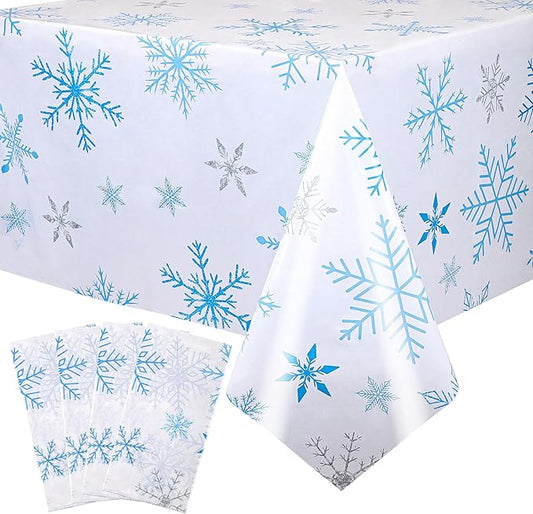 Mornajina 4 Pack 108 x 54 Inch Plastic Snowflake Tablecloths - Rectangle Disposable Xmas Tablecloths for Christmas Party Decoration