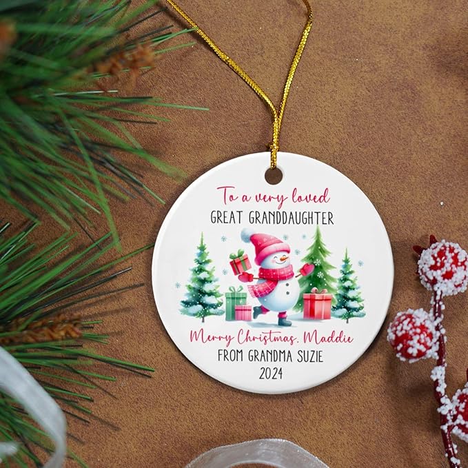 to A Very Loved Great Granddaughter Snowman Ceramic Ornament, Personalized Great Granddaughter Snowman Ornament with Names, Custom Granddaughter Merry Christmas Ornament Gift from Great Grandparents