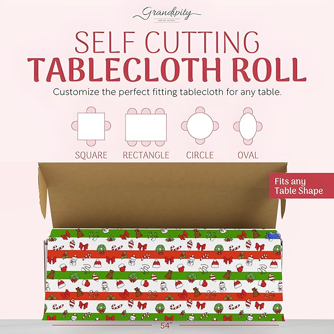 Grandipity Plastic Tablecloth Roll - 54in x 300 Ft. Christmas Plastic Table Cloths for Parties Disposable with Cutter Box - Cut to Size Disposable Tablecloth Table Cover for Rectangle & Round