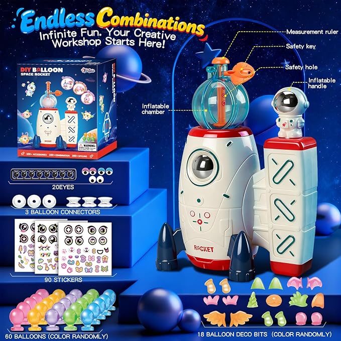 DIY Balloon Craft Kit, Sticker Decorated Balloons Toy for Kids, Rocket Air Pump Fun with Balloon Monster Pals,Birthday Gifts for Girls Boys