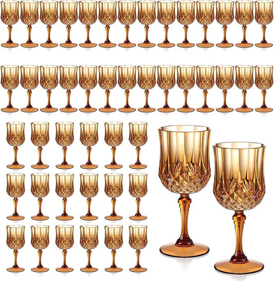 XUWAIDSGN 7oz Plastic Vintage Wine Glasses Drinking Glasses Unbreakable Wedding Glassware Crystal Water Goblets Reusable Drinkware Vintage Champagne Flutes (48, Brown)