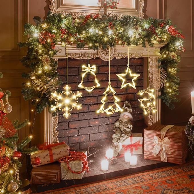 5Pack Christmas Window Lights Decorations with Timer,Battery Powered Christmas Hanging Warm White Lighted Snowflake Tree Star Deer Bells Shaped LED Sucker for Xmas Fireplace Indoor Decor