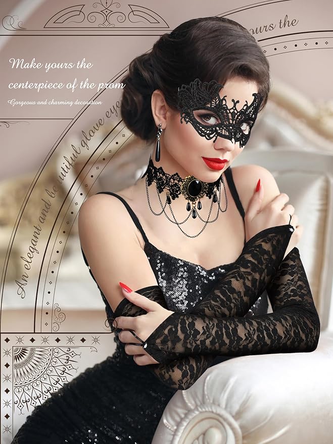 Newcotte 6 Pcs Masquerade Mask for Women Lace Mask Choker Necklace Glove for Christmas Halloween Venetian Party 80s 90s