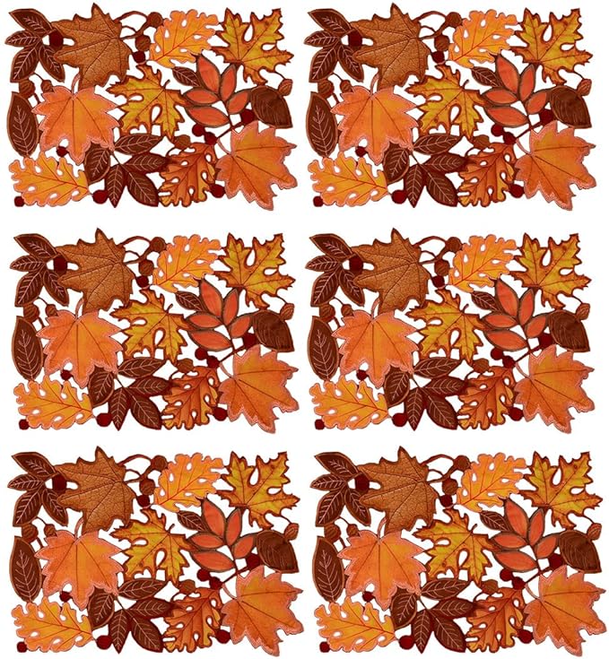 Simhomsen Set of 6 Embroidered Leaves Table Place-mats for Thanksgiving, Fall or Autumn Harvest Decorations 14 × 20 inches