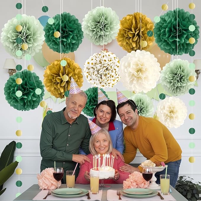 Green Wedding Party Decorations Set, 16 PCS Tissue Paper Pom Poms, Dots Paper Garland for Engagement, Green Boho Wedding, St. Patrick's Day Party, Baby Shower Party Decor