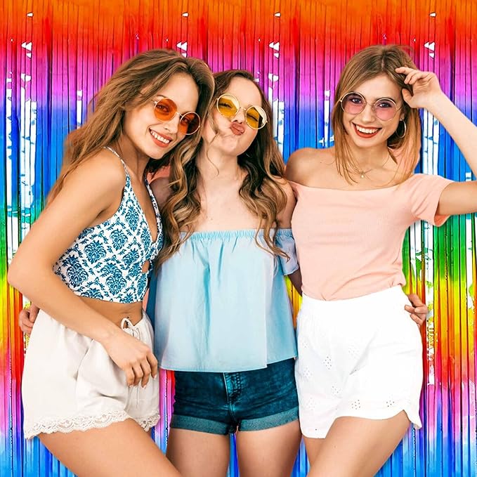 3 Pack Dark Rainbow Foil Fringe Curtains Backdrop, 3.28 x 6.6 Ft Metallic Streamers Tinsel Curtains Background for Photo Booth, Birthday, Halloween, Christmas, Thanksgiving, New Year Party Decorations