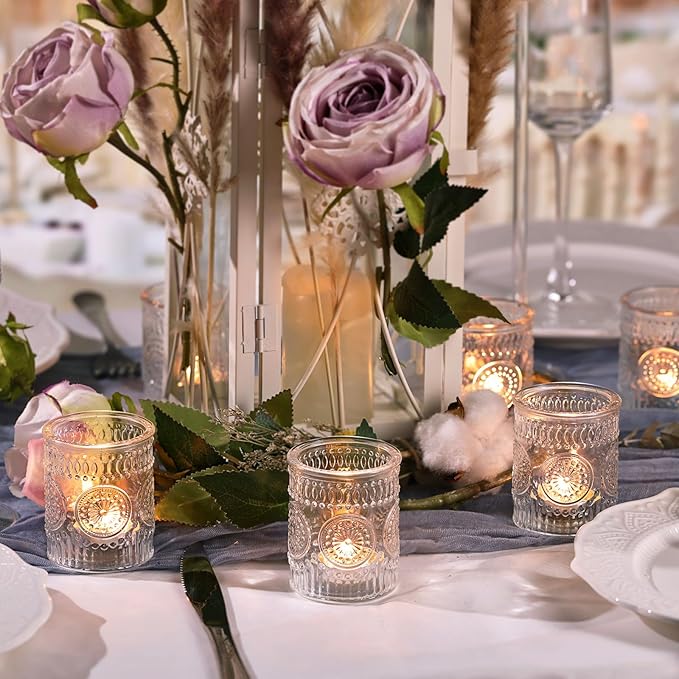 DEVI 24pcs Clear Glass Votive Candle Holders, Vintage Candle Holder for Votives&Tea Lights&Floating Candles, Wedding Decorations for Receptions, Valentine Wedding Centerpieces Table Decoration