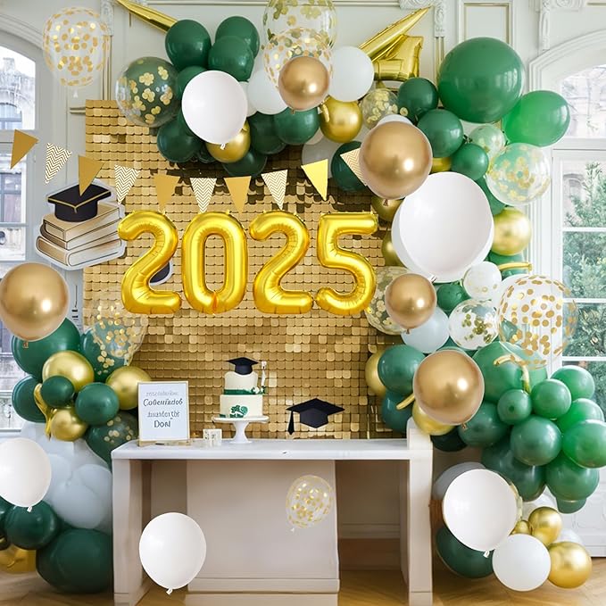 Green Gold White Balloons Arch Kit with Star Balloon Pennant Flag Bunting 2025 Foil Balloon Banner Green Gold Confetti Balloons Garland for Class of 2025 Graduation Theme Birthday Party Supplies