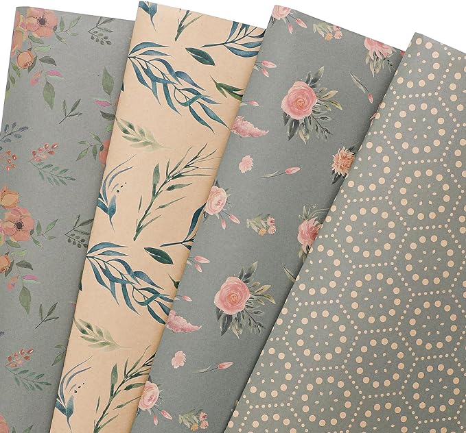 PlandRichW Wrapping Paper of Stylishly Designed Folded Kraft Wrapping Paper 12 Sheets Recycled Gift Wrapping Paper for Birthday, Wedding, Mother's Day, Party, and Baby Shower Precut 20" X 29"