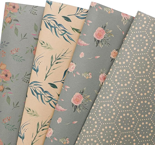 PlandRichW Wrapping Paper of Stylishly Designed Folded Kraft Wrapping Paper 12 Sheets Recycled Gift Wrapping Paper for Birthday, Wedding, Mother's Day, Party, and Baby Shower Precut 20" X 29"