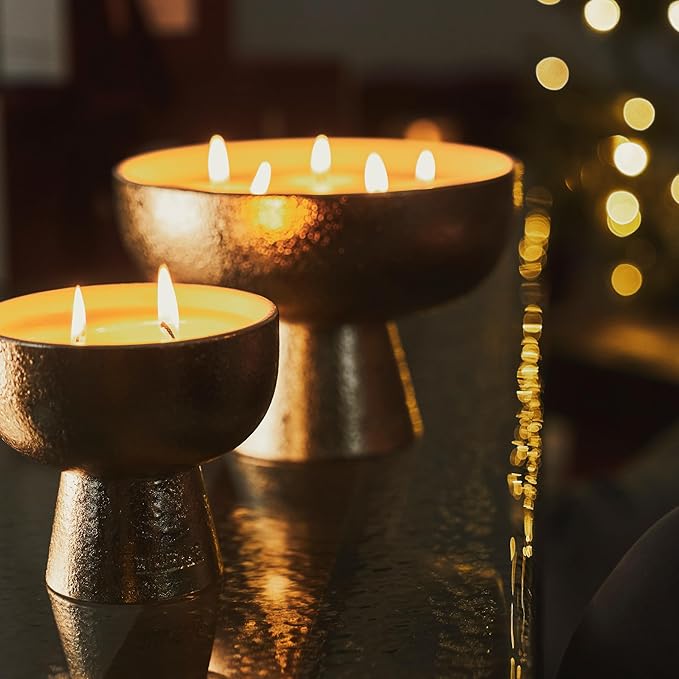 2025 Gold Holiday Candle | Festive - Noble Fir & Amber (Medium), Refillable Wellness, Essential Oil, Sustainable, Hand Finished and Poured, Premium, Luxury Ceramic, Natural Cotton Wick, Soy-Wax Blend