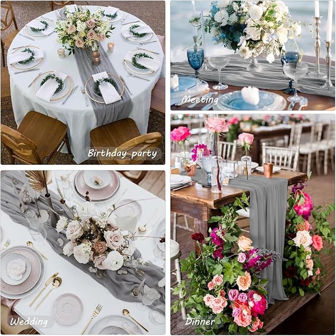 12 Pack Cheesecloth Table Runner, 35x120 Inch Boho Gauze Fabric Table Runner 10ft Rustic Sheer Runner for Wedding Party Baby Shower Table Decor (Grey)