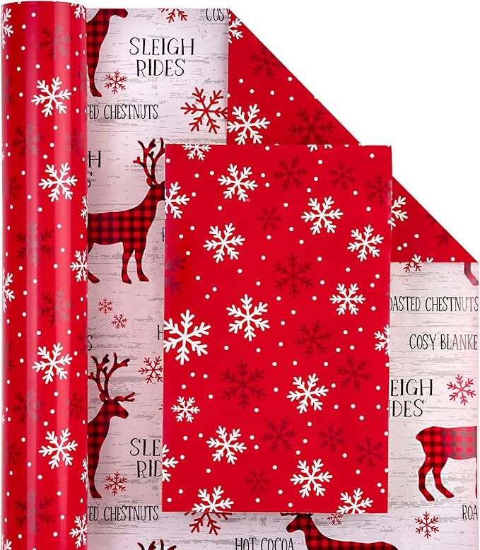 WRAPAHOLIC Reversible Christmas Wrapping Paper Roll - Mini Roll - 17 Inch x 33 Feet - Red White Reindeer and Snowflake Wrapping Paper for Christmas, Holiday, Party