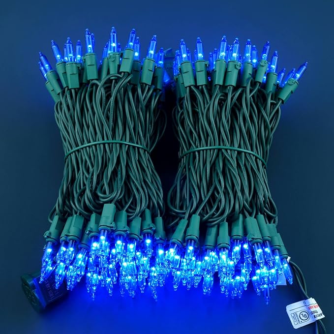 YULETIME 200 Blue Christmas Lights, Pack of 2 Sets 33 Feet 100 Count UL Certified Incandescent-Like LED Mini String Lights (Blue - Green Wire)