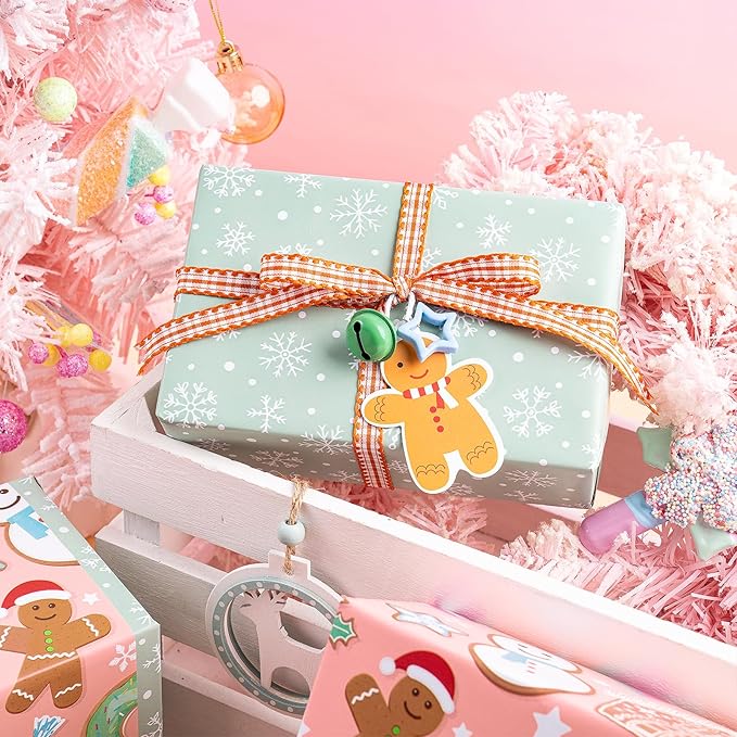 RUSPEPA Christmas Reversible Wrapping Paper Roll for Kids, Mini Roll, Gingerbread, Donut, Candy Cane Design and Light Green Snowflake, Ideal for Holiday Gifts and Christmas, 17 Inches x 16.4 Feet