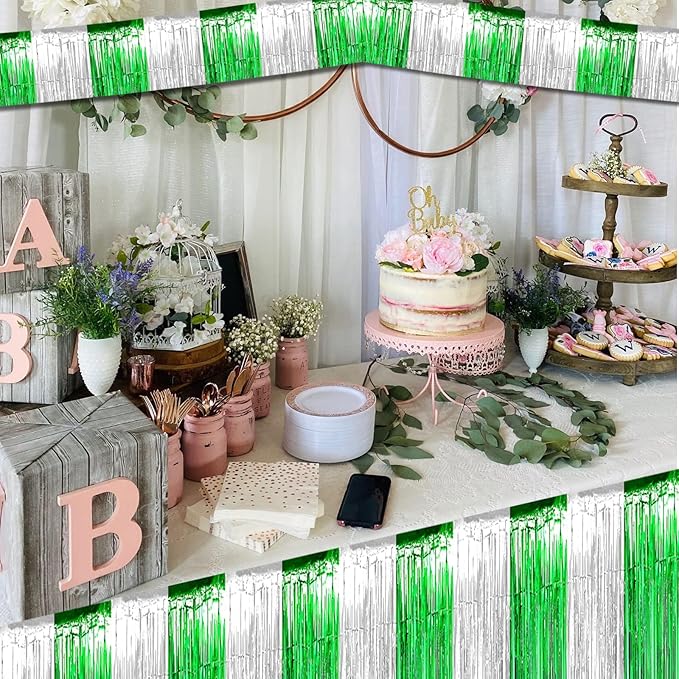 6 Pack 10 Feet Foil Fringe Garland Metallic Tinsel Streamers Banner Wall Hanging Backdrop for Parade Floats, Valentine's Day, Wedding, Birthday, St Patrick Day Party Decorations(Silver Green)