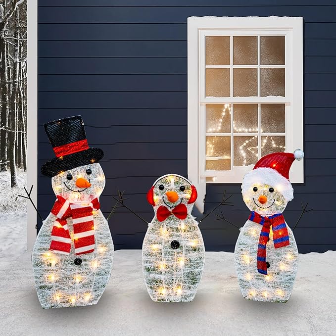 Dazzle Bright Christmas Lighted Snowman Family Outdoor Decoration, 55 L 3-Piece Waterproof Plug in 2D Snowman for Yard Patio Lawn Garden Party Decor 20.5X9X29.5Inch-Large (Warm White)