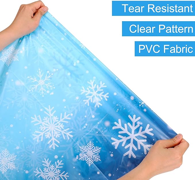 Mornajina 4 Packs 108 x 54 Inch Snowflake Tablecloth Merry Christmas Party Tablecloth Decorations Disposable Rectangle Plastic Snowflake Table Cloth (Blue)