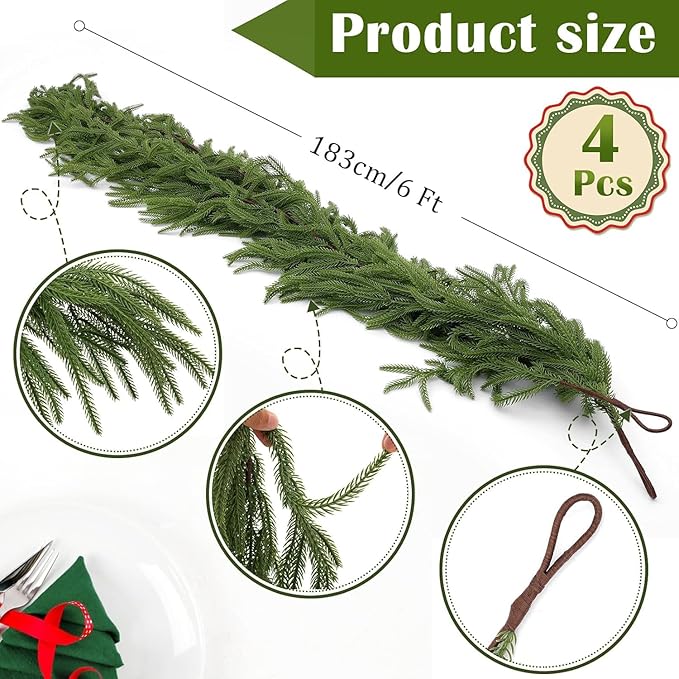 4 Pcs Artificial Norfolk Pine Garlands, Christmas Real Touch Winter Pine Garland, Green Artificial Greenery Cedar Garland for Mantle, Table, Wall, Indoor, Outdoor Christmas Decorations