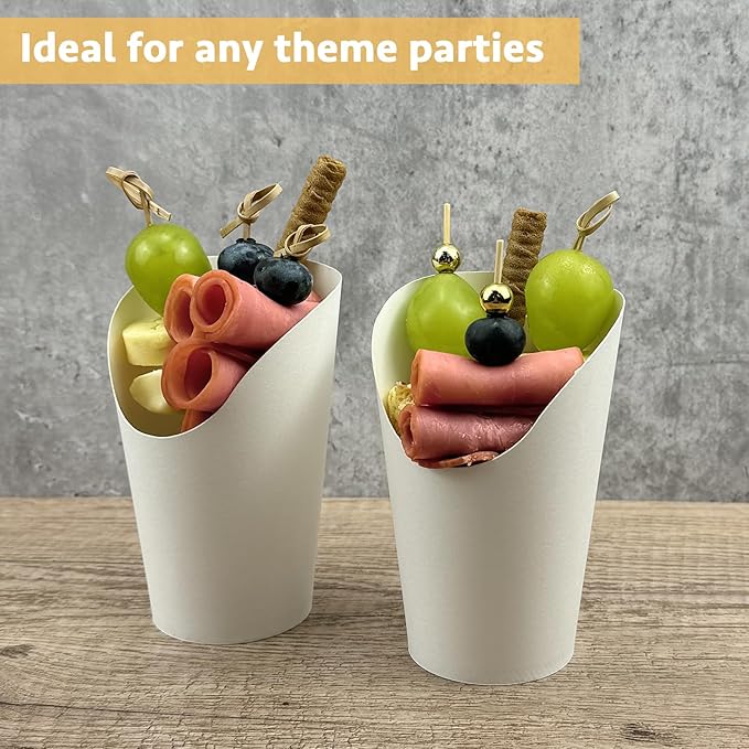CAMKYDE 50 Charcuterie Cups + 200 Cocktail Picks + 56 Labels, 12 oz Disposable Charcuterie Cups with Sticks (2 Types), French Fry Cup White Paper Appetizer Cup for all Occasions（White）