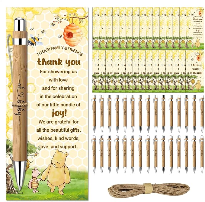 Toerifer 30 Pcs Winnie Baby Shower Favors for 30 Guest, Thank You Gift Sets, Included Bamboo Pens Greeting Cards, Gender Reveal Souvenirs Prizes, Winnie Honey Bee Baby Birthday Decor