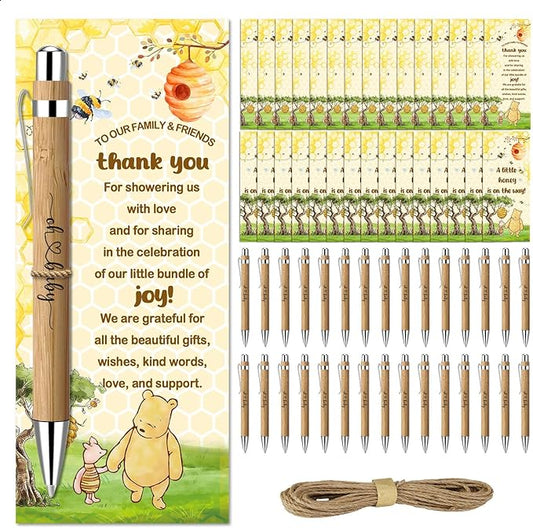 Toerifer 30 Pcs Winnie Baby Shower Favors for 30 Guest, Thank You Gift Sets, Included Bamboo Pens Greeting Cards, Gender Reveal Souvenirs Prizes, Winnie Honey Bee Baby Birthday Decor