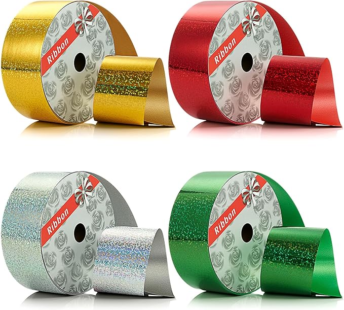 4 Rolls Wrapping Shiny Waterproof Ribbon for Christmas, 50 Yards Curling Plastic Ribbon for Gifts Package Wrapping, Bows, Festival Craft Party Decor(Green, Silver, Red, Gold,2 Inch)